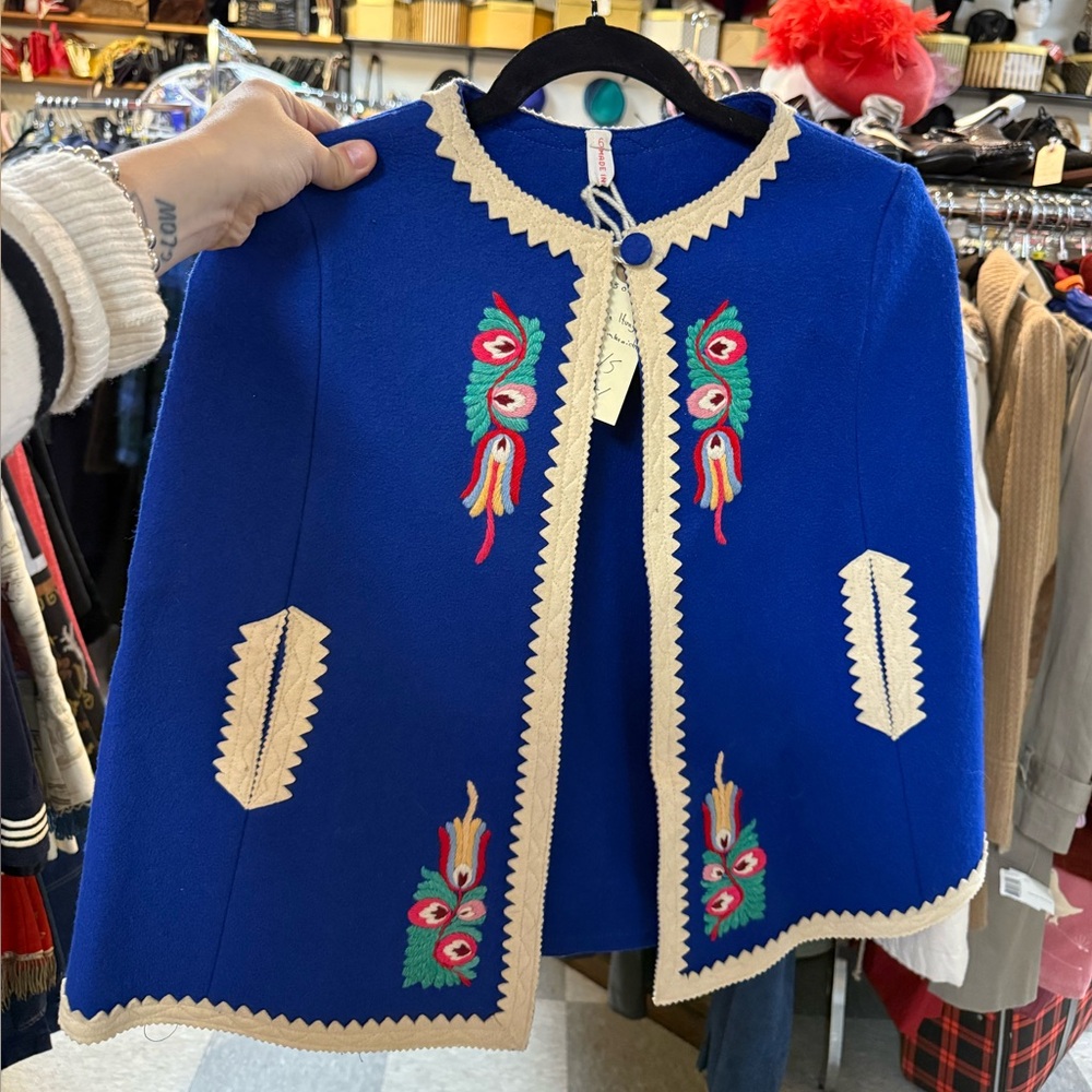 Vintage 1960s or Earlier Embroidered Wool Blue Cape with Cream Trim